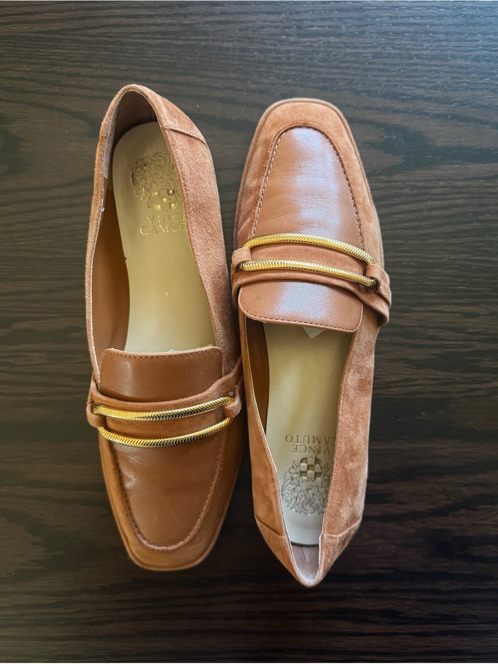 Vince Camuto Suede Leather Cognac/Gold Loafers 8